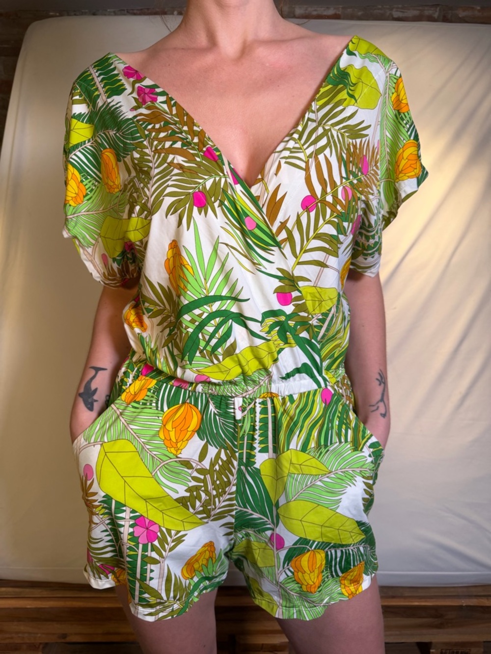 Trina Turk White Tropical Leaf & Floral Short Jumpsuit